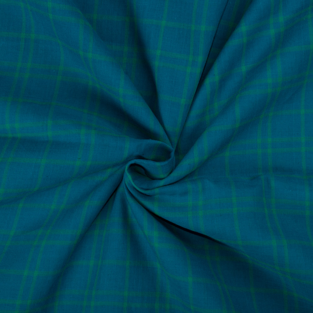 Check Blue Green Pure Cotton 60 GSM Handwoven Fabric