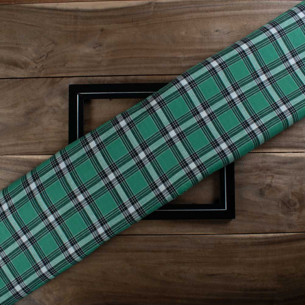 Check Green Black White Pure Cotton 110 GSM Handwoven Fabric