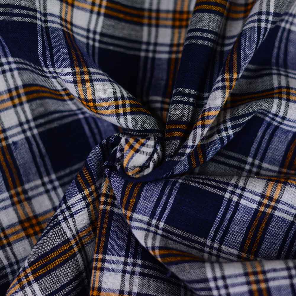 Check Blue & Orange Pure Cotton 87 GSM Handwoven Fabric