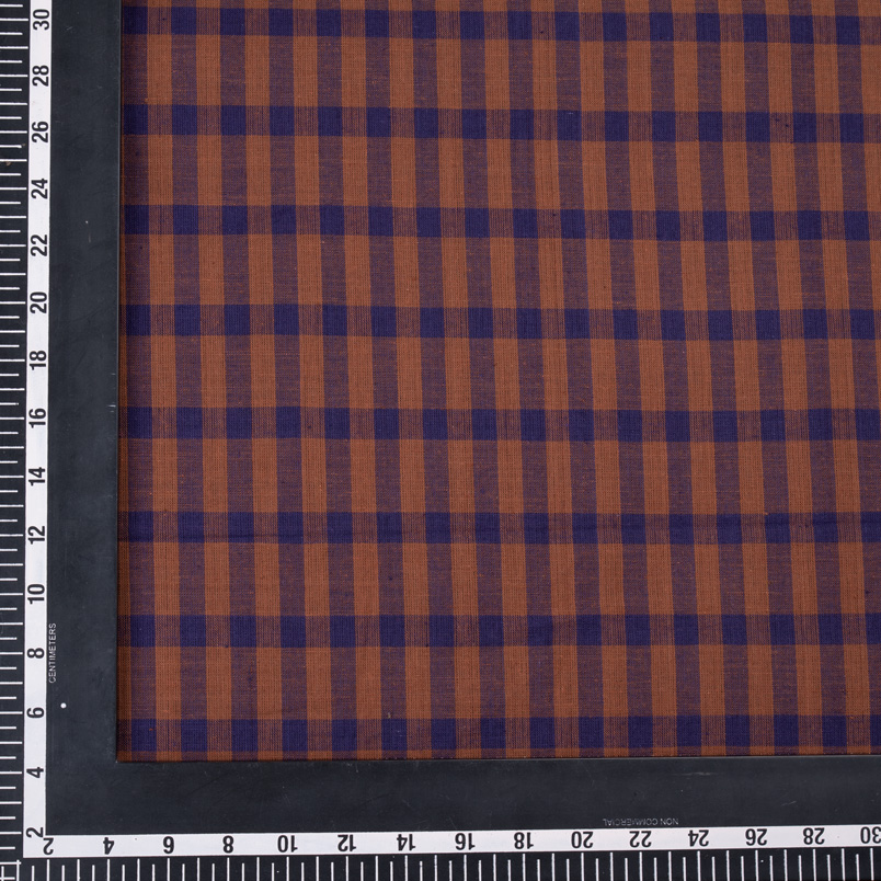CHECK BLUE & BROWN PURE COTTON 98 GSM HANDWOVEN FABRIC