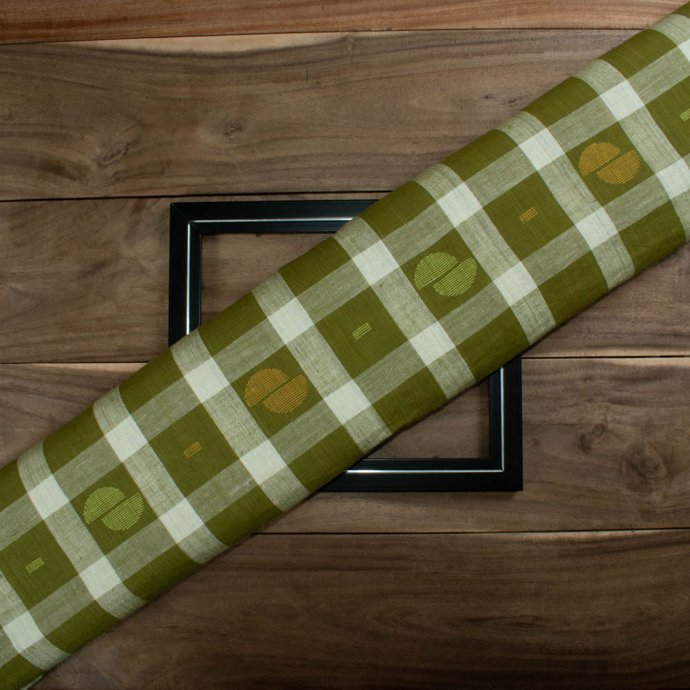 Check Olive and Cream Jamdani Pure Khadi 120 GSM Handwoven Fabric 70