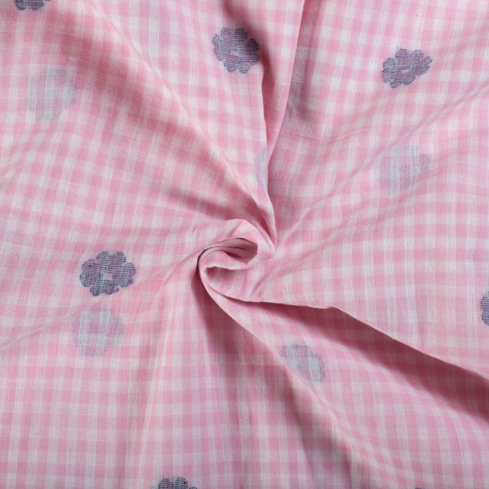 Pink and White Check Flower Motif Jamdani Pure Cotton 60 GSM Handwoven Fabric