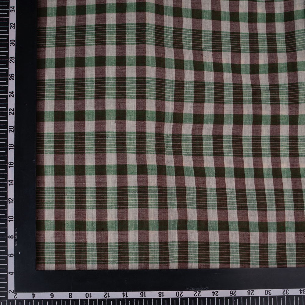CHECK GREEN & BROWN PURE COTTON 65 GSM HANDWOVEN FABRIC
