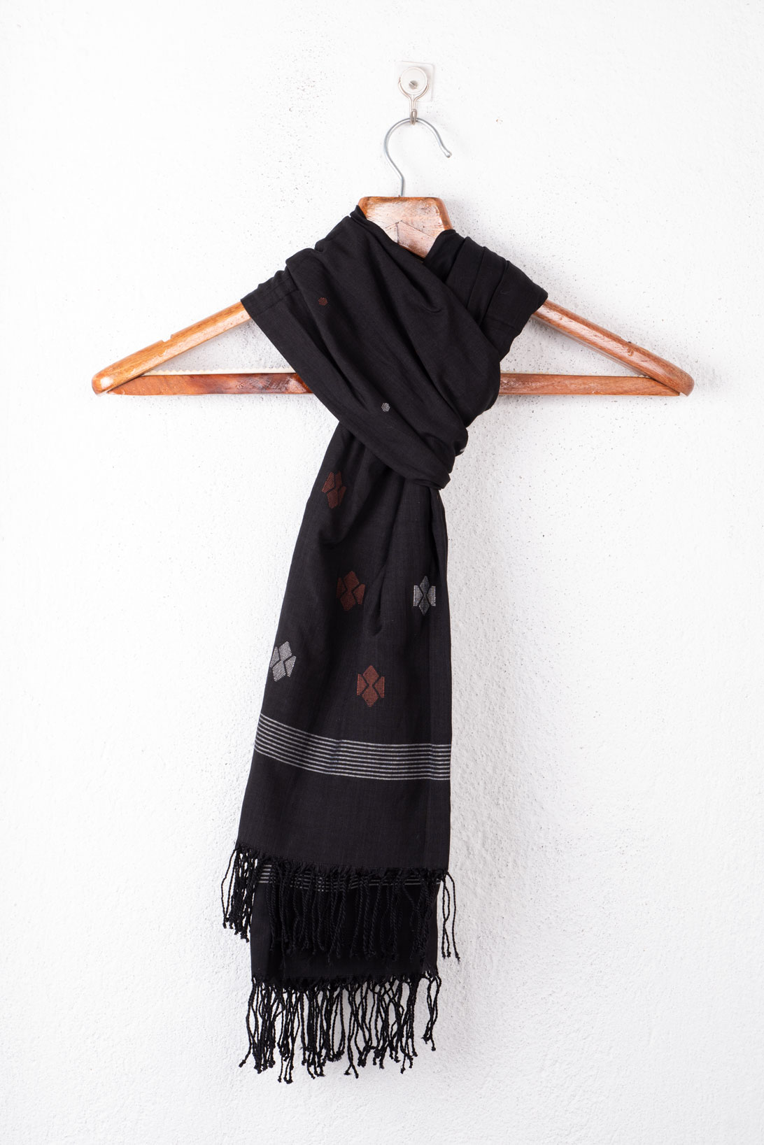 Geometric Black Jamdani Handwoven Pure Silk Scarf