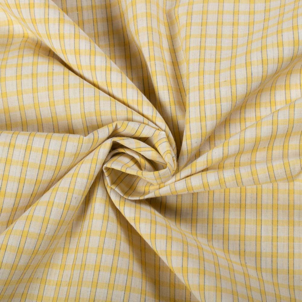 Check Yellow White & Blue 60 GSM Pure Cotton Handwoven Fabric