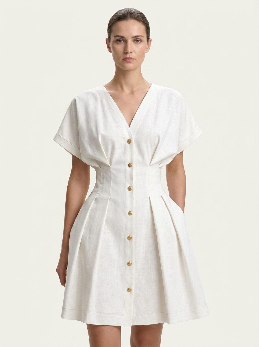 Buttoned & Pleated Dress With Short Sleeve