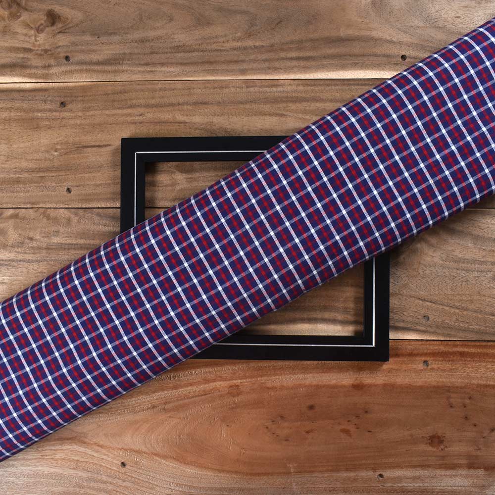 Check Blue Red & White Pure Cotton 74 GSM Handwoven Fabric