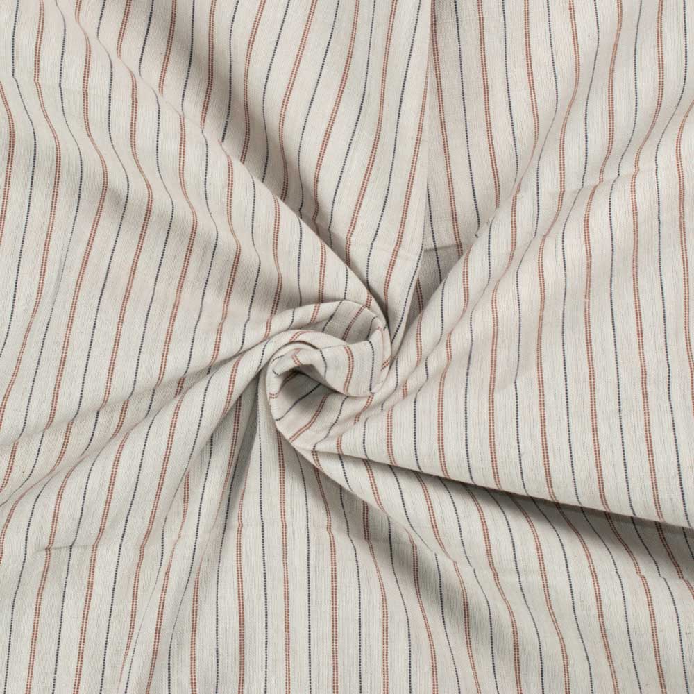 Stripe White Brown Blue Pure Cotton 80 gsm Handwoven Fabric
