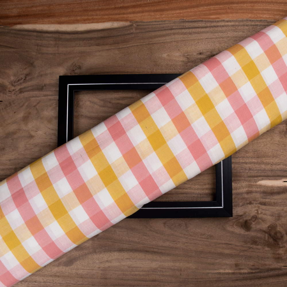 Check Orange & Pink Pure Cotton 92 GSM Handwoven Fabric
