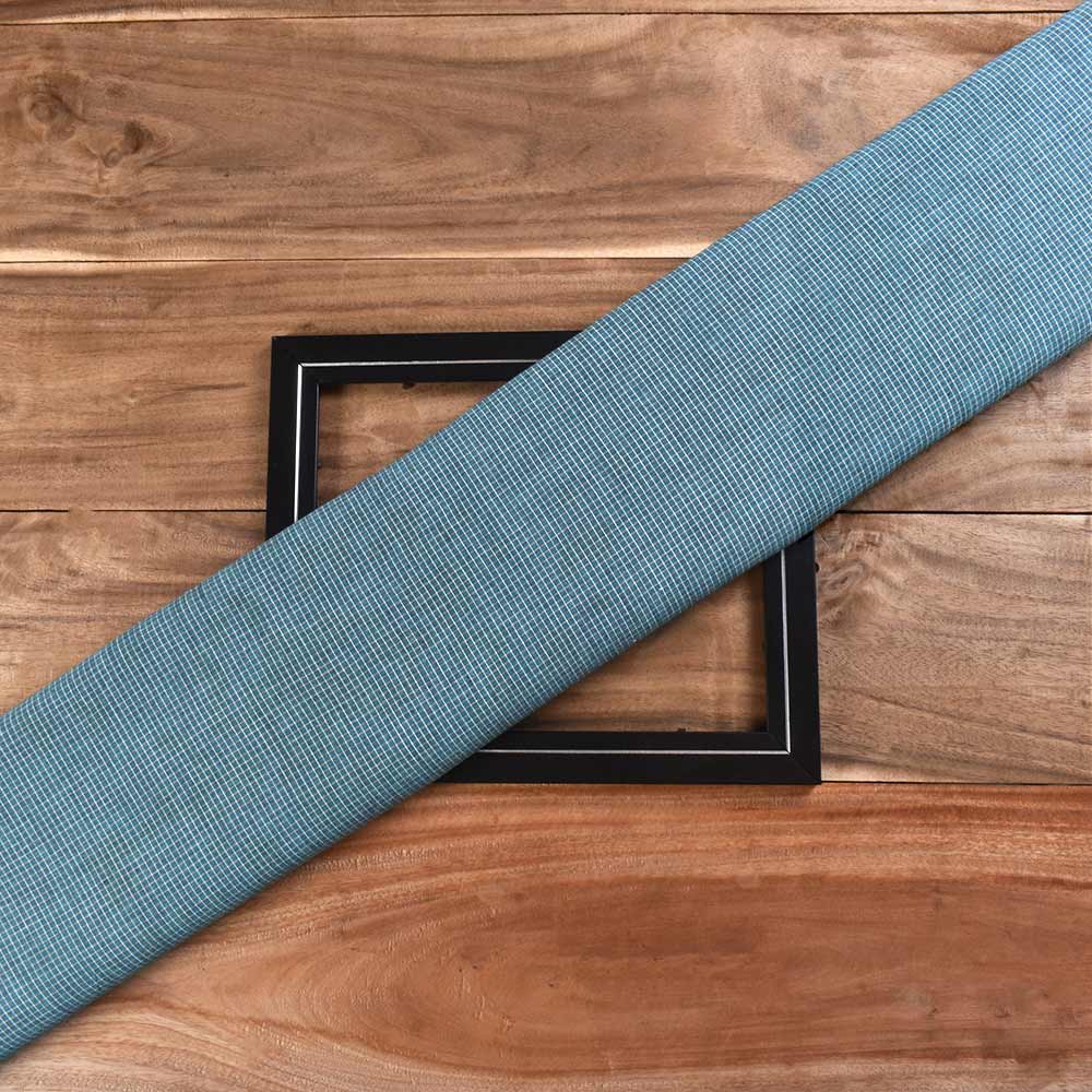 Check Turquoise & White Pure Cotton 104 GSM Handwoven Fabric