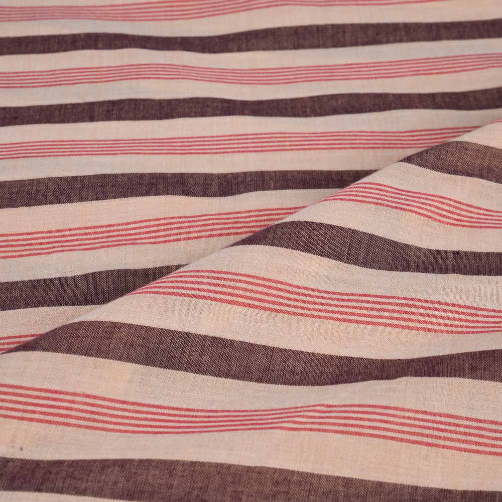 STRIPE PEACH BROWN & RED PURE COTTON 90 GSM HANDWOVEN FABRIC