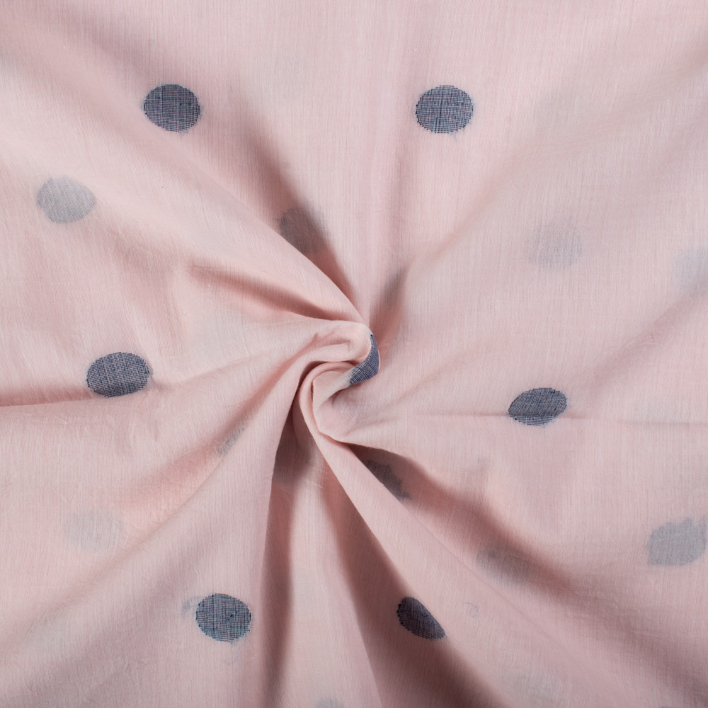 Peach Base Navy Blue Ball Motif Jamdani Pure Cotton 60 GSM Handwoven Fabric