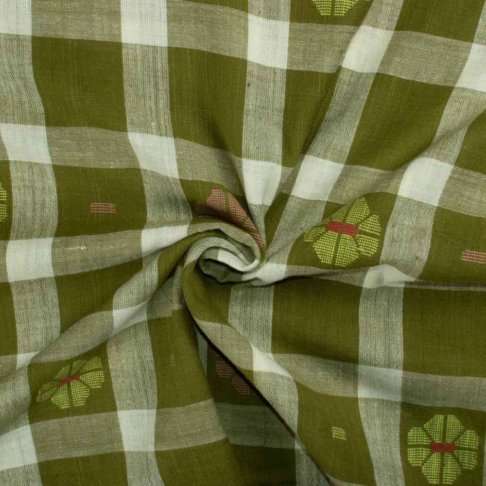 Check Olive and Cream Jamdani Pure Khadi 120 GSM Handwoven Fabric 