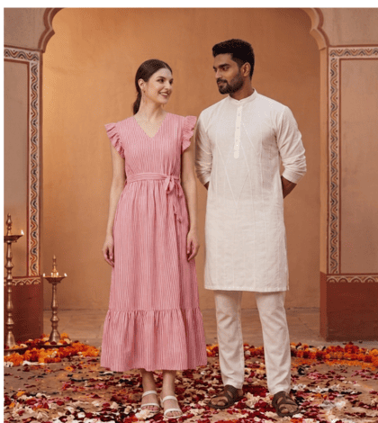 Wearing Waist Tied Ruffled & Gathered Dress for women and Pintucked Pattern Men's Kurta
