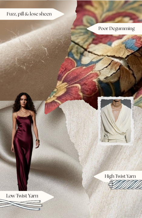 Detailed shot showing mulberry silk weave structure and fabric finish under natural light.