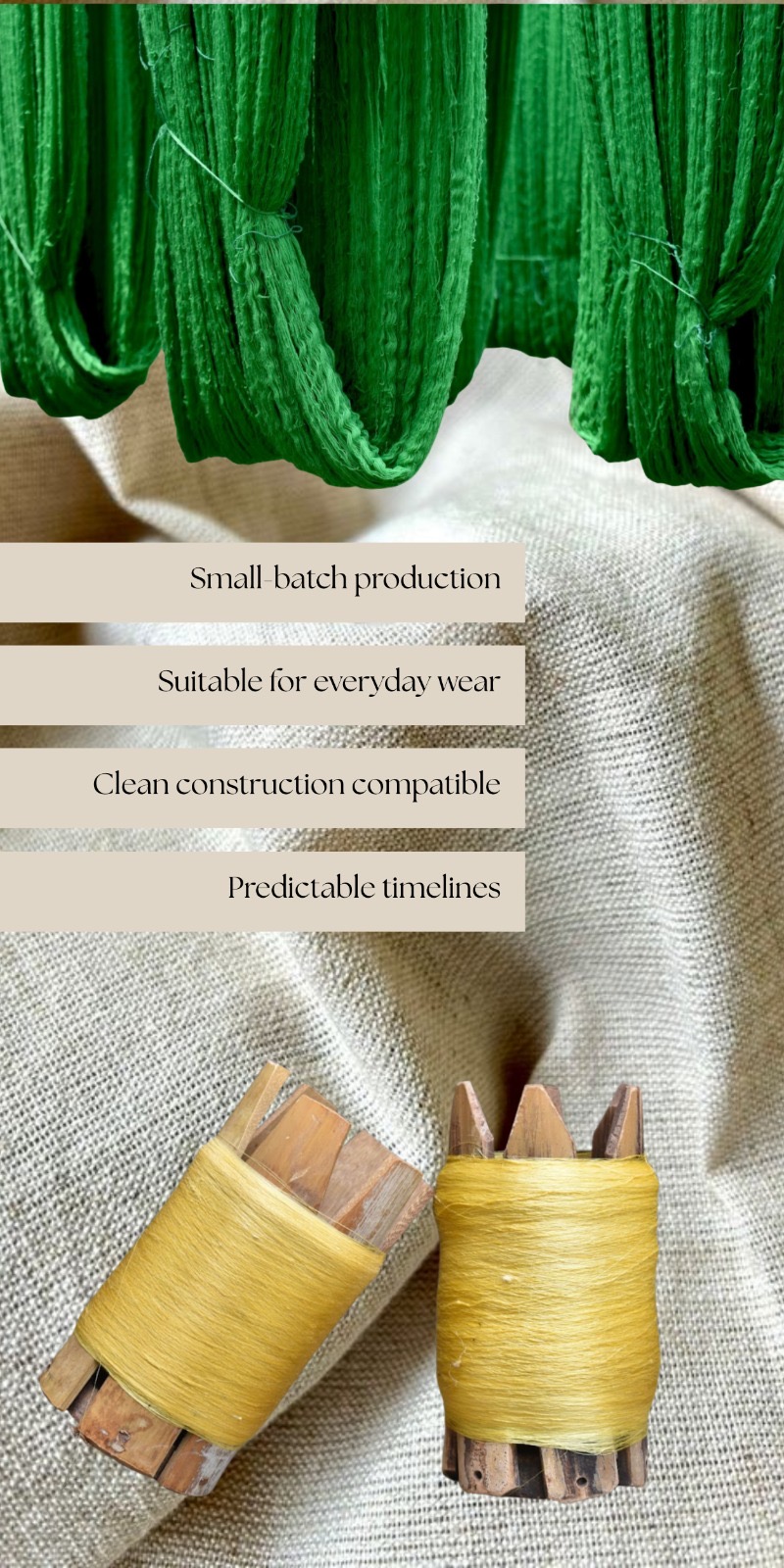Hand-dyed cotton yarn on wooden bobbins and skeins, illustrating small-batch apparel production with clean construction standards, everyday wear suitability, and predictable timelines.