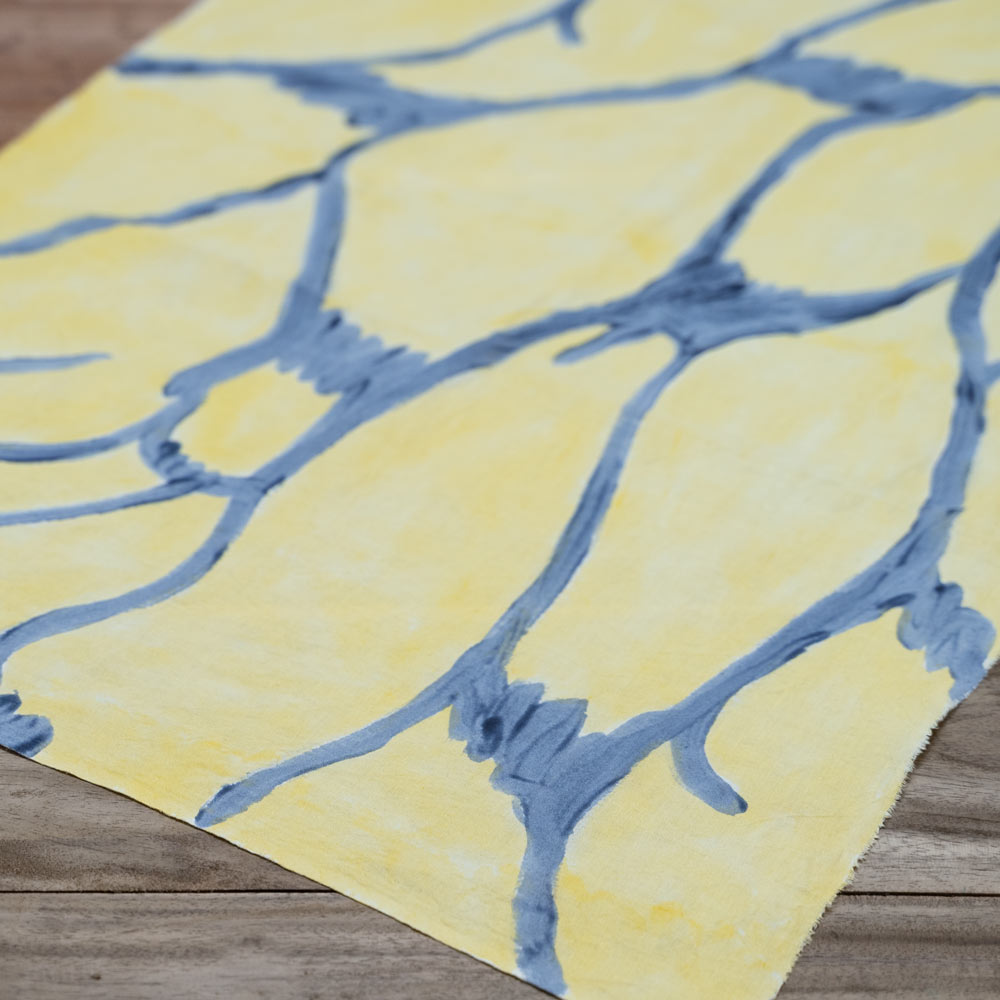 ABSTRACT YELLOW & BLUE SCREENPRINTED PURE COTTON 135 GSM HANDWOVEN FABRIC