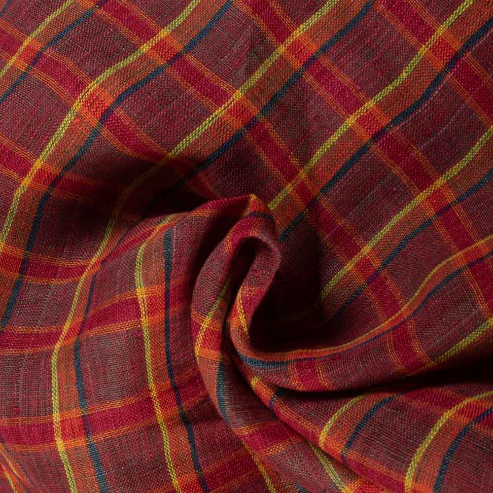 Check Maroon Pure Linen 116 GSM Handwoven Fabric