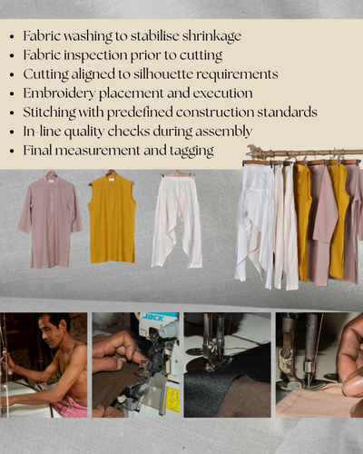 Sequential garment construction process including washing, cutting, embroidery, stitching, and quality checks