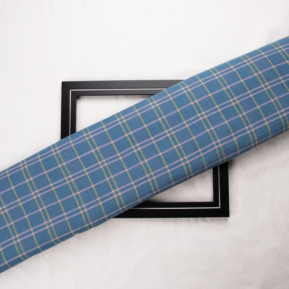 Check Blue Pure Cotton 56 GSM Handwoven Fabric