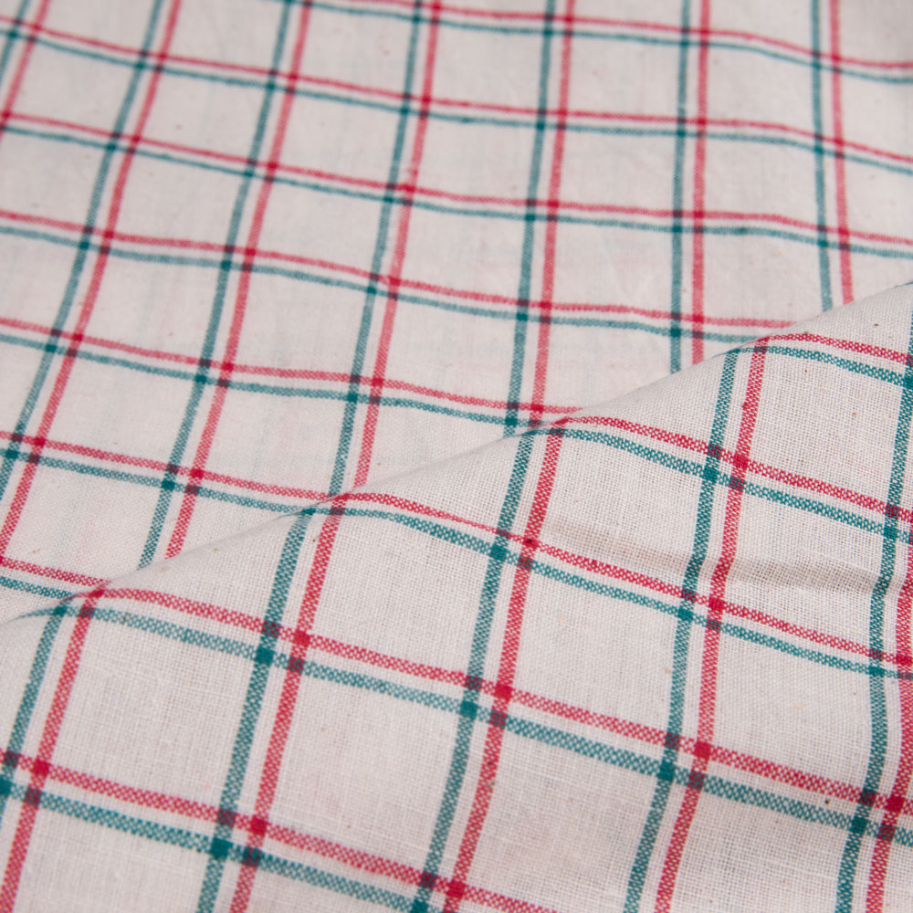 CHECK WHITE RED & GREEN KHADI COTTON 98 GSM HANDWOVEN FABRIC