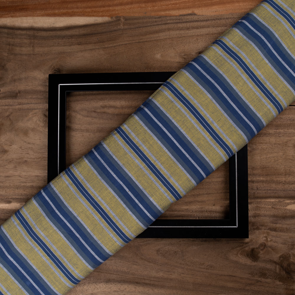 Stripe Yellow & Blue Pure Cotton 88 GSM Handwoven Fabric