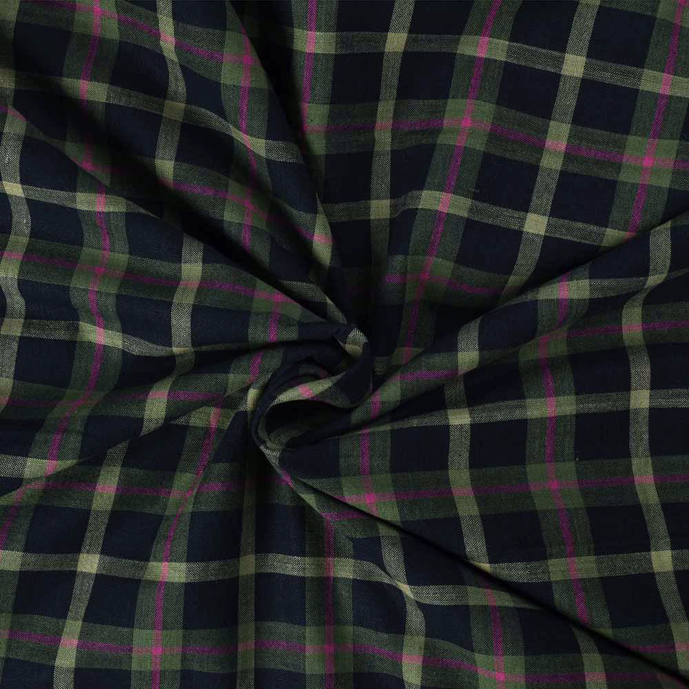 Check Navy Green Pink Pure Cotton 105 GSM Handwoven Fabric