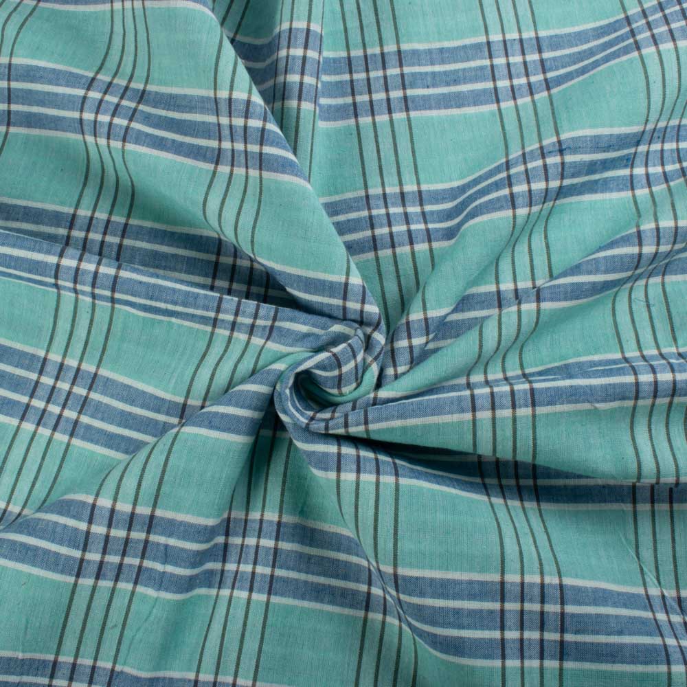 Check White Blue and Green Pure Cotton 100 GSM Handwoven Fabric