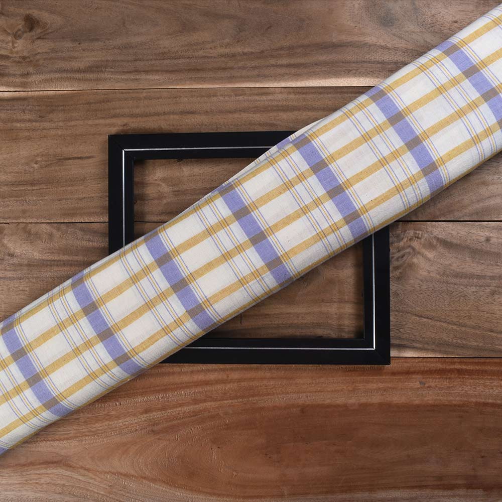 Check Blue Yellow & White Pure Cotton 89 GSM Handwoven Fabric