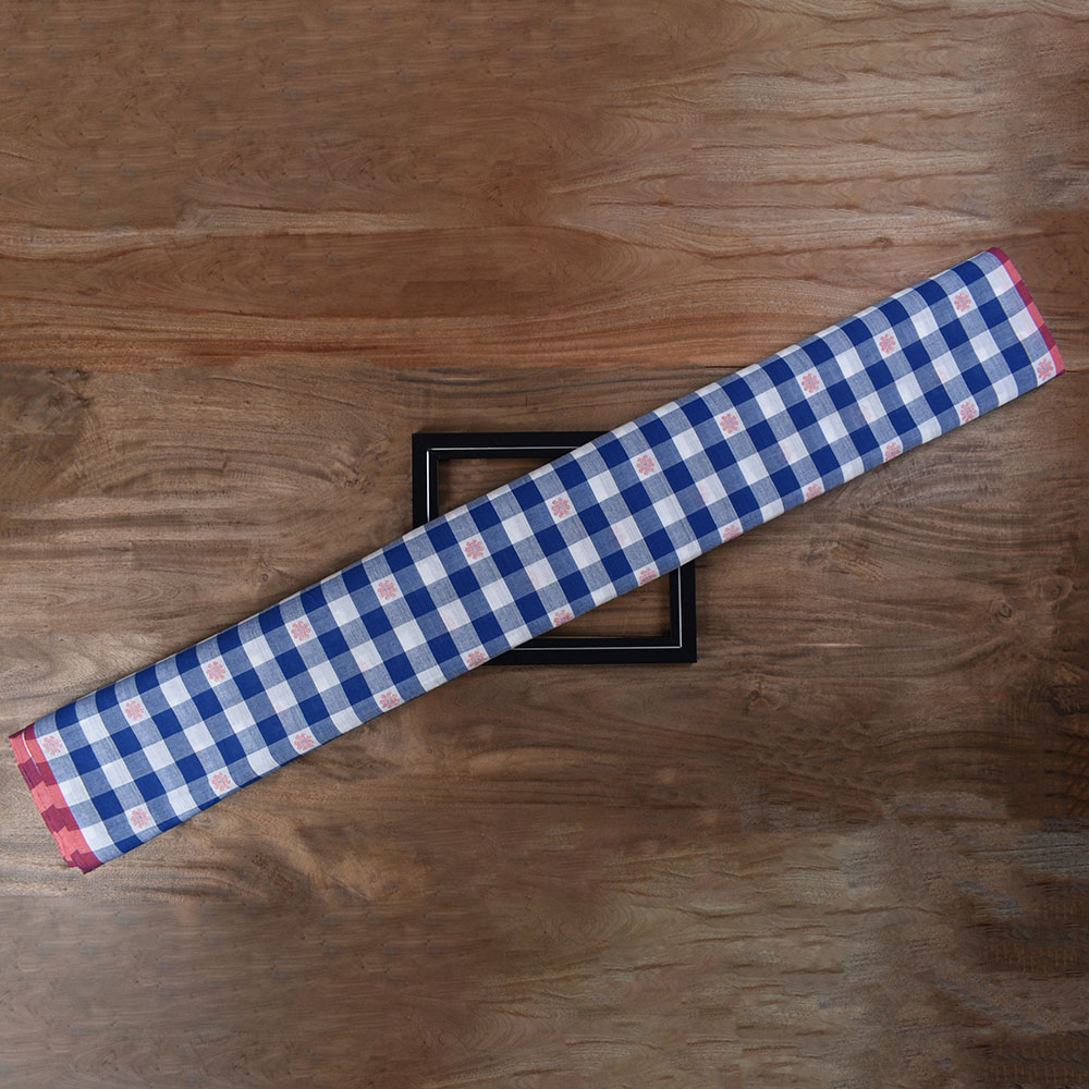Check Blue White Jamdani Pure Cotton 105 GSM Handwoven Fabric