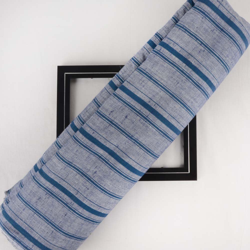 Stripe Grey & Teal Khadi Fabric - 128 GSM Handspun & Handwoven