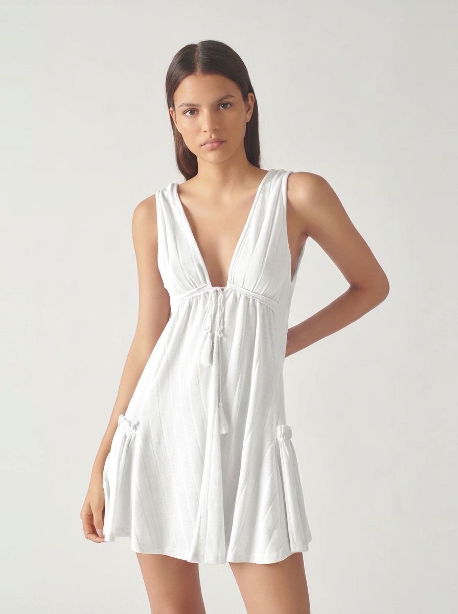 Deep V Neck Gathered Dress With Pockets Dress