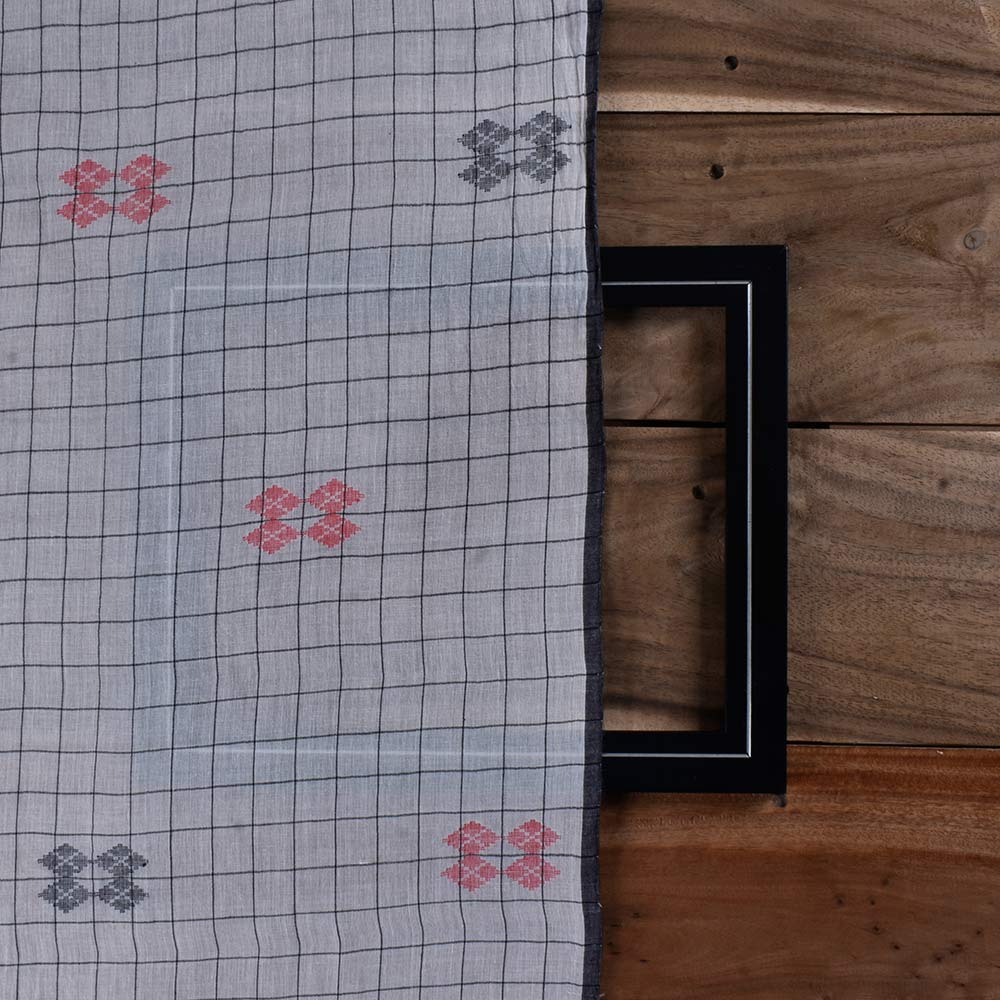 GEOMETRIC CHECK WHITE & BLACK JAMDANI PURE COTTON 56 GSM HANDWOVEN FABRIC
