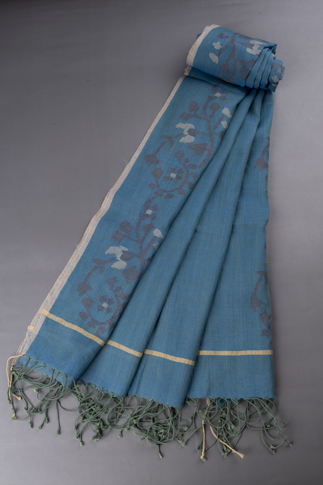 FLORAL BLUE JAMDANI PURE COTTON HANDWOVEN SCARF