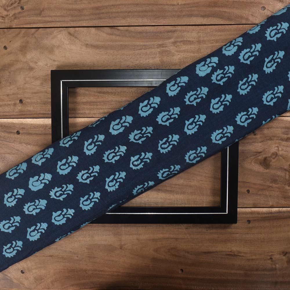 Abstract Blue Discharge Block Printed Pure Cotton 88 GSM Handwoven Fabric