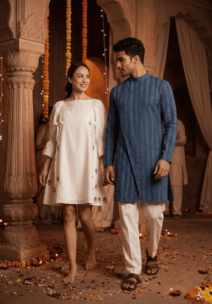 Wearing Embroidered Pintuck Dress With Tassels for women &nbsp;with the Men's Angrakha Kurta With Side Tie