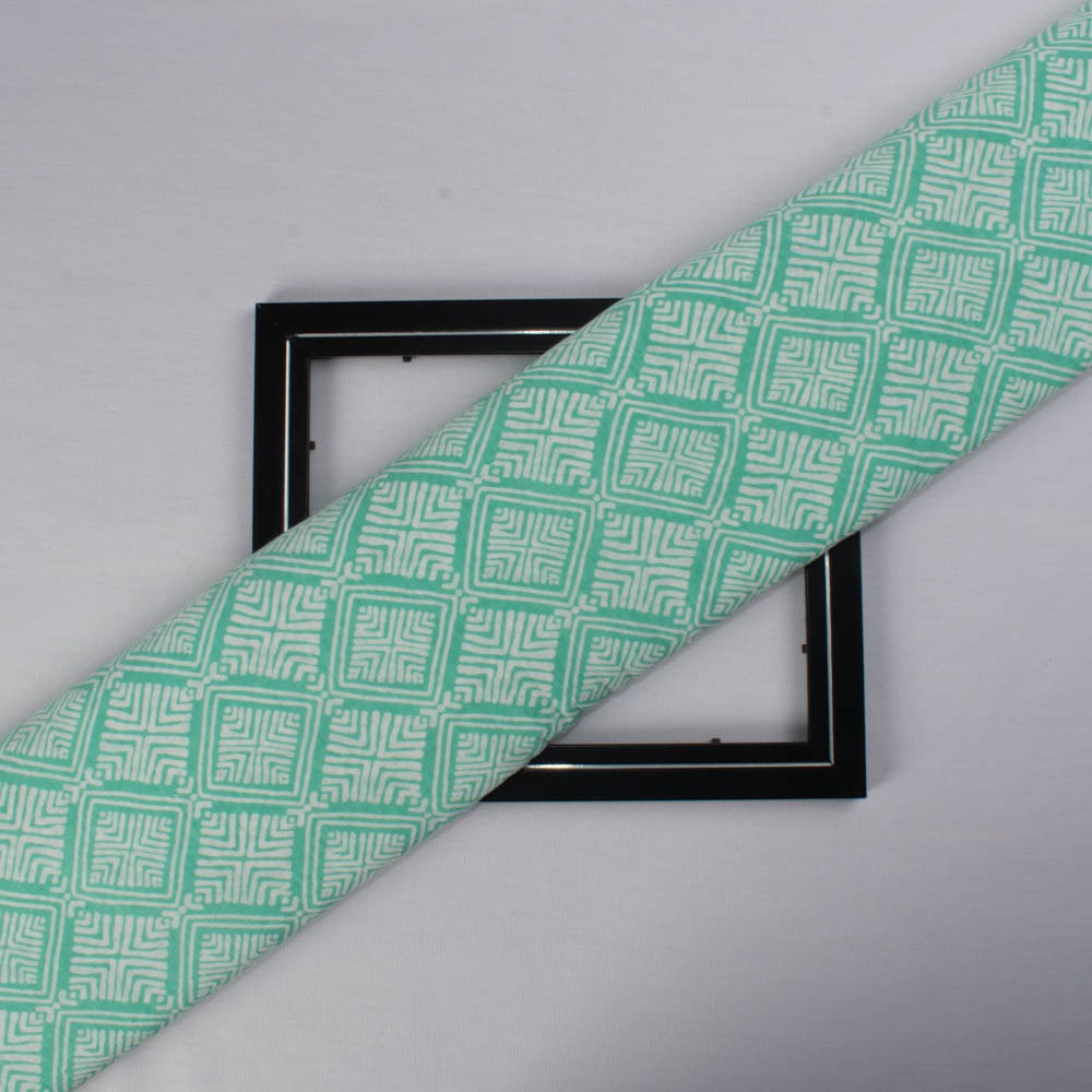 Abstract Green White Screenprinted Pure Khadi 90 GSM Handwoven Fabric