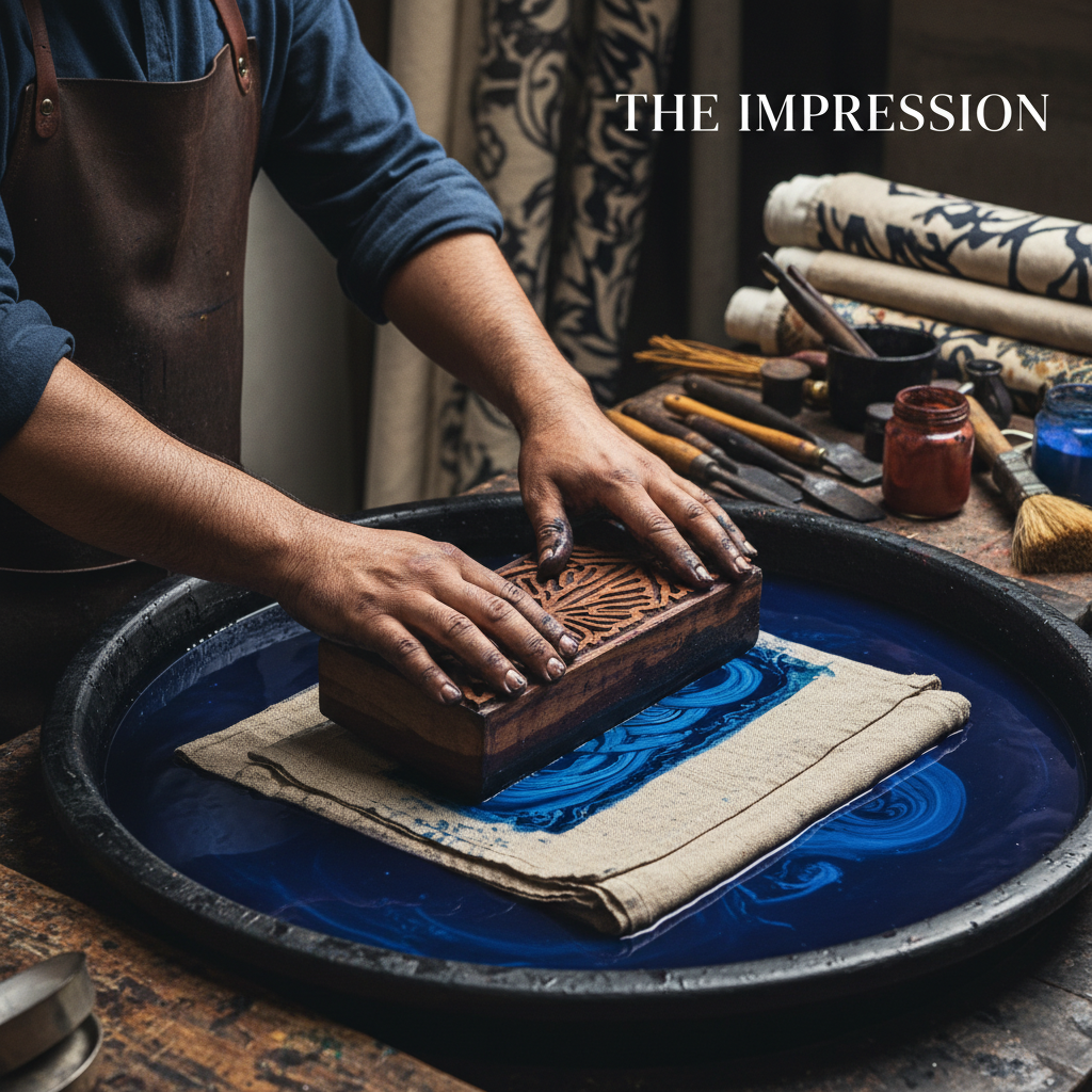 Artisan pulling squeegee across screen to apply pigment on khadi cotton fabric