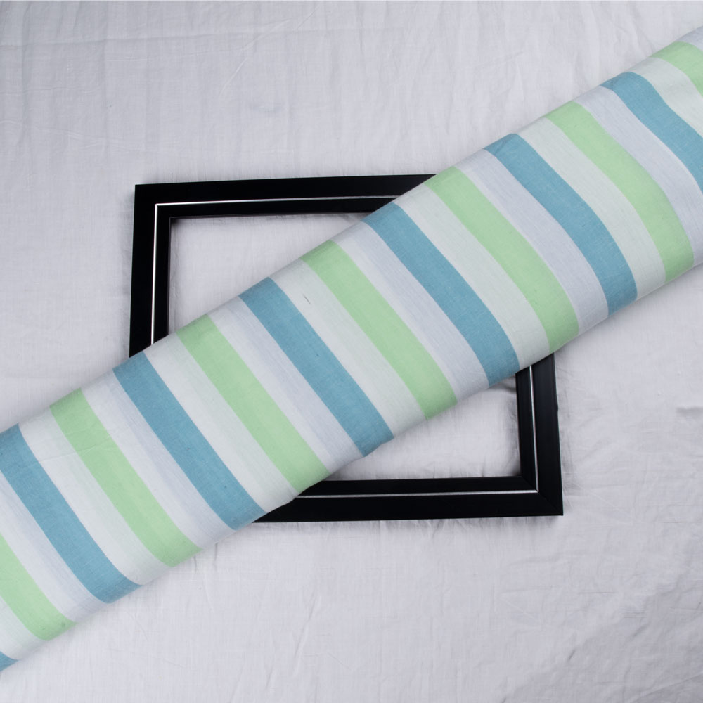 Stripe Blue & Green Pure Cotton 88 GSM Handwoven Fabric