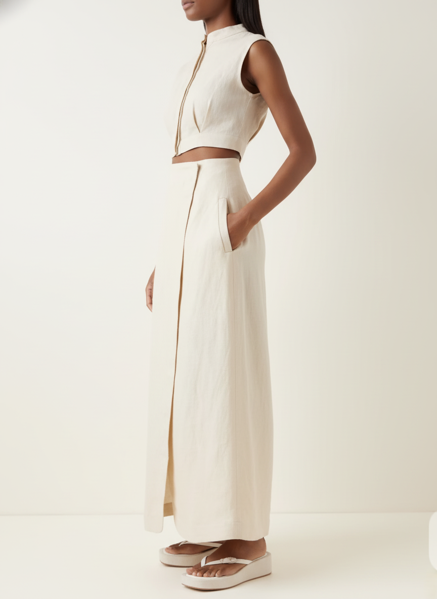 Pleated Dart Top & Long Asymmetric Skirt