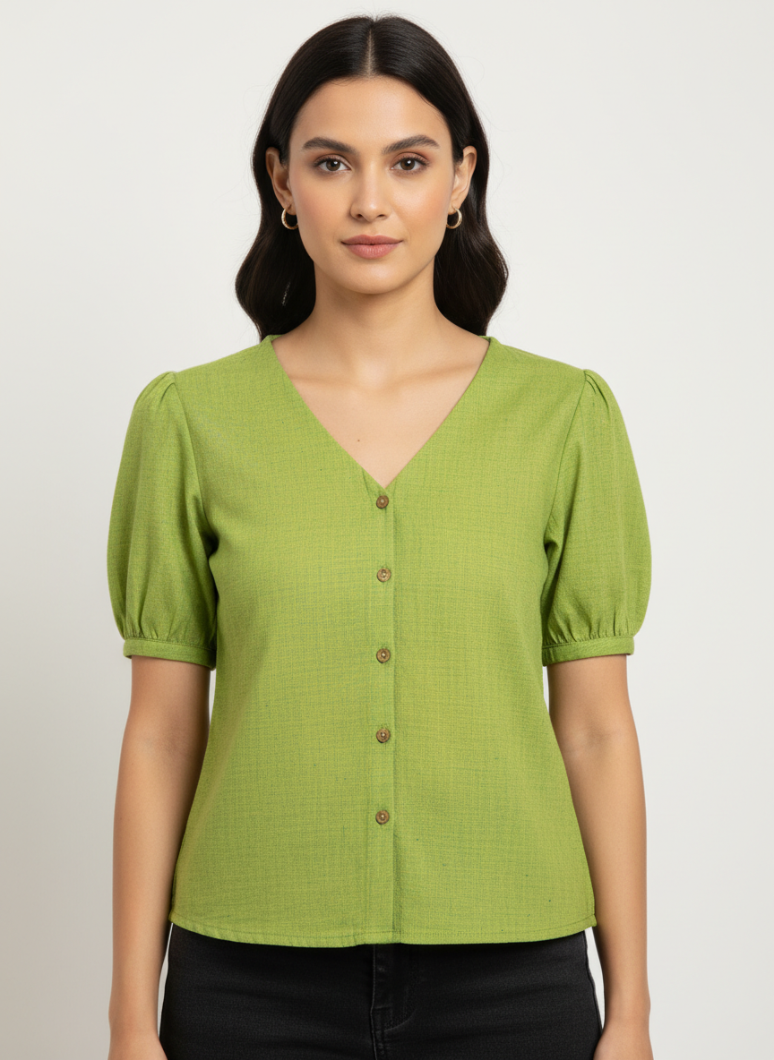 Basic Buttoned Top With Gathered Sleeves