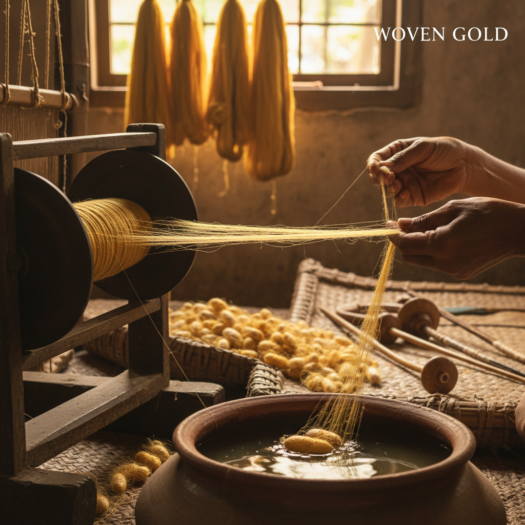 Authentic Muga silk fabric from Assam with natural golden luster