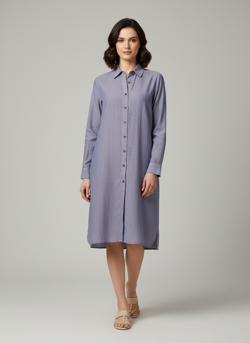 Shirt Dress With Spread Collar-Regular Long Sleeves-Knee Length- Side Slit