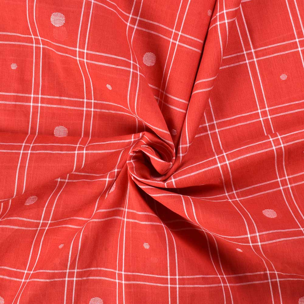 Check Red & White Geometric Jamdani Pure Cotton 58 GSM Handwoven Fabric
