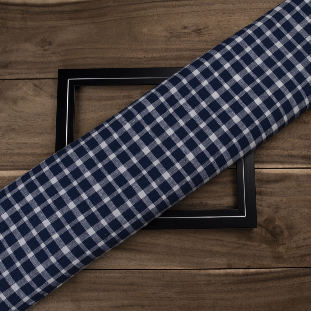 Check Dark Blue & White Pure Cotton 98 GSM Handwoven Fabric