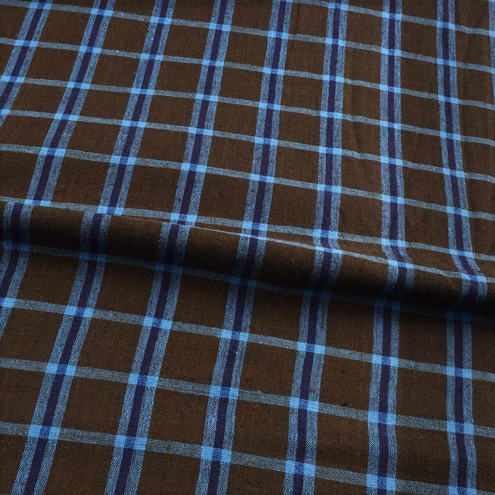 CHECK BROWN & BLUE COTTON KHADI 110 GSM HANDWOVEN FABRIC