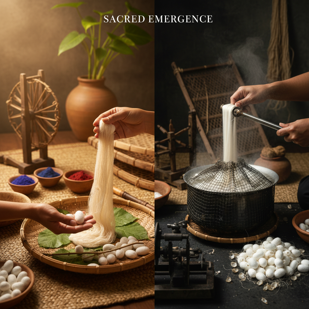 Eri silk cocoon and mulberry silk cocoon comparison showing peace silk harvesting versus conventional sericulture