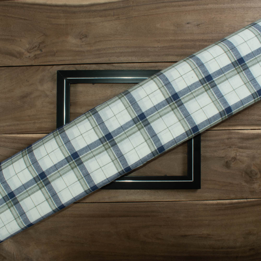 Check White Blue and Olive Cotton Khadi 100 GSM Handwoven Fabric