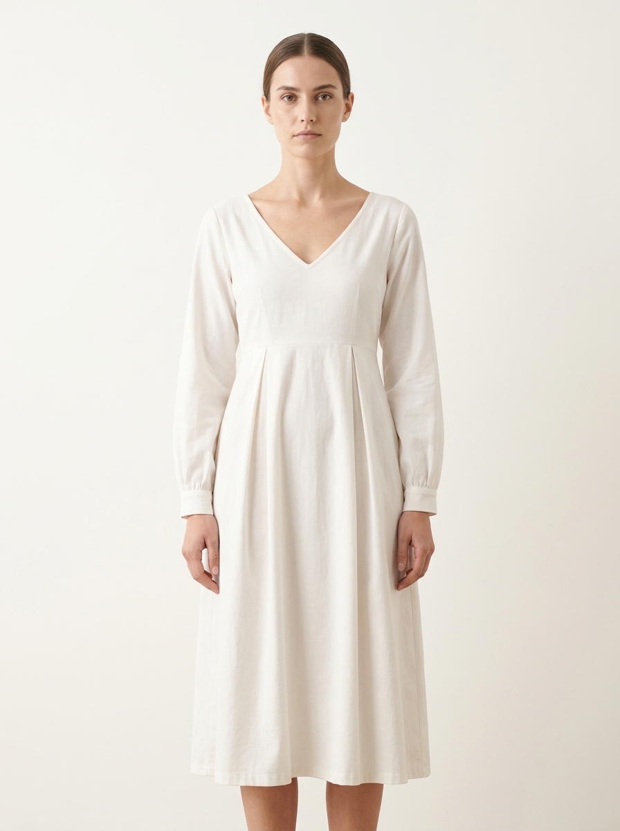 Pleated V-Neck Knee Length Dress