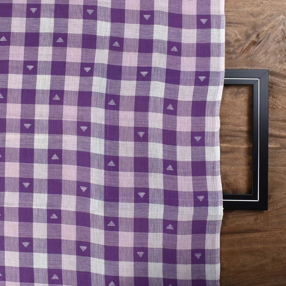CHECK PURPLE WHITE JAMDANI PURE COTTON 75 GSM HANDWOVEN FABRIC
